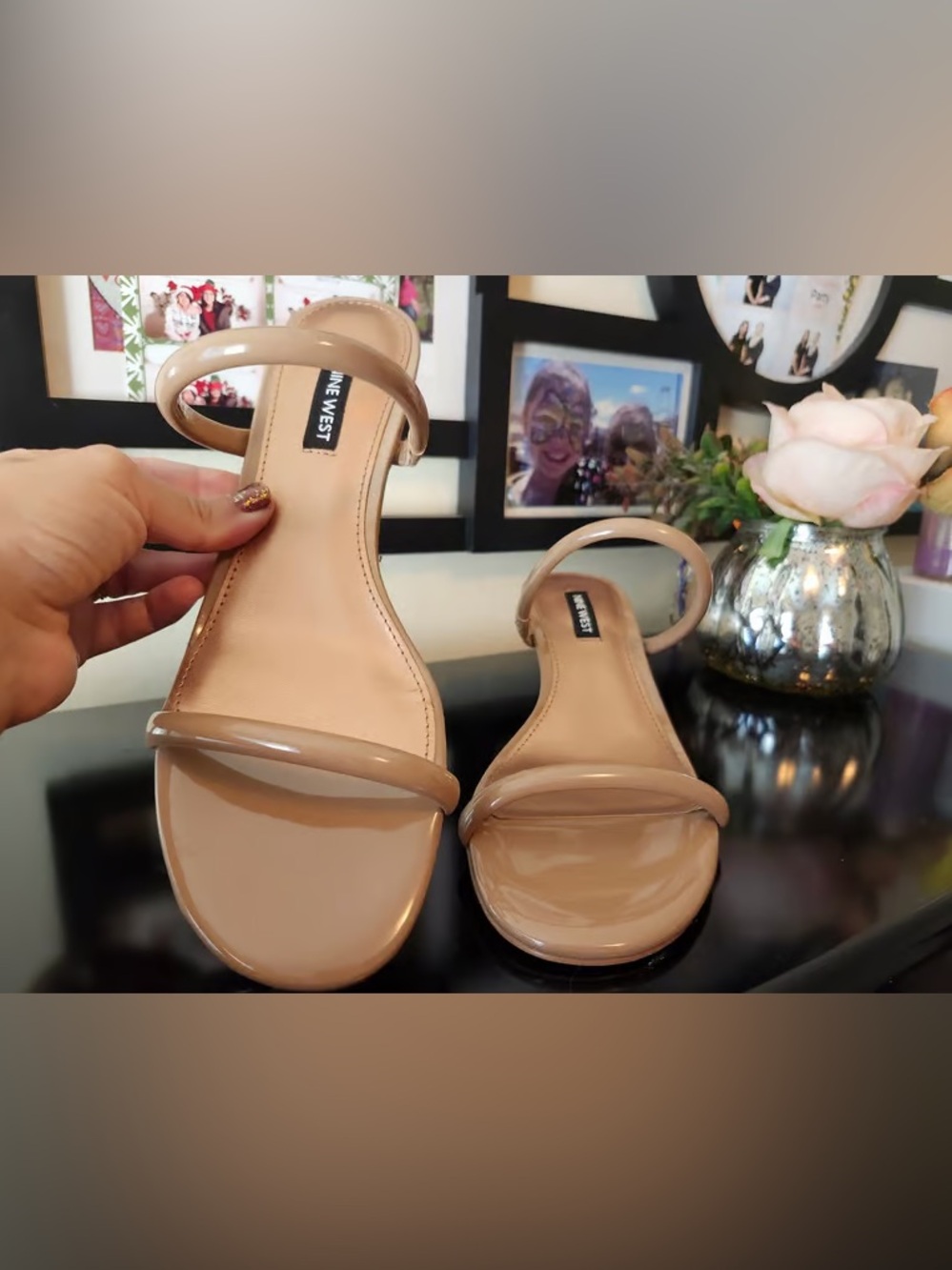 Nine West Patent Nude Double-Strap Slide Sandals